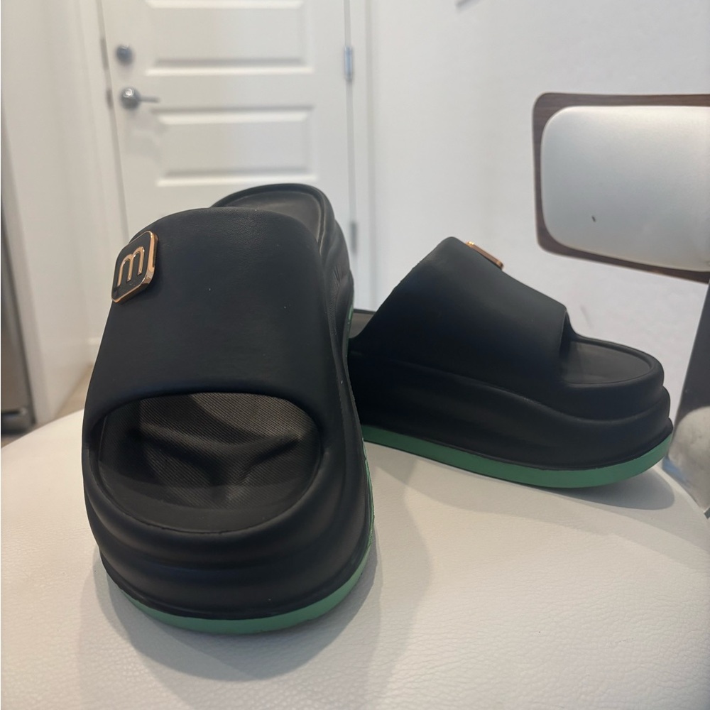 Black and Green Slide Sandals
